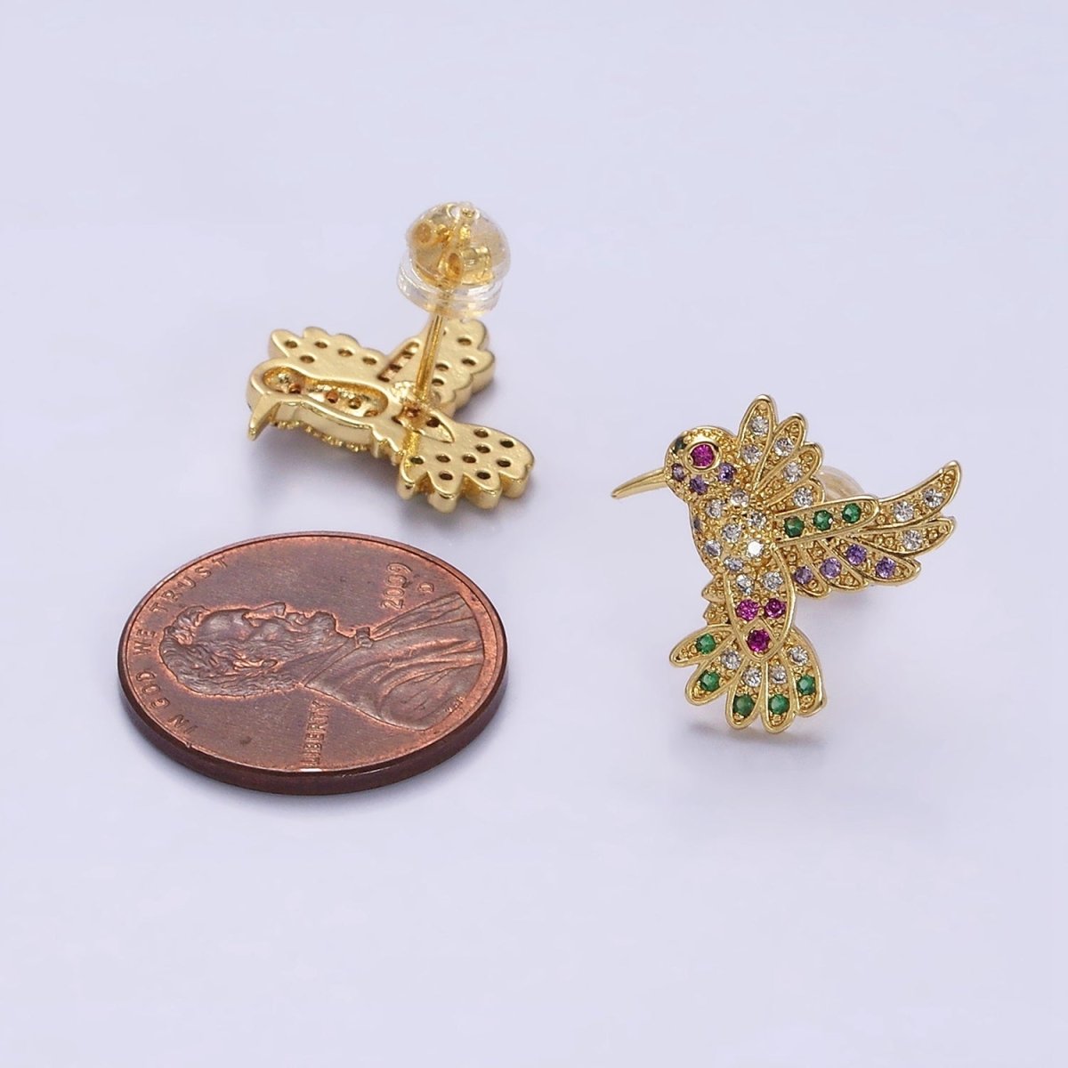 14K Gold plated Multicolor Micro Paved CZ Hummingbird Pet Earrings Set in Gold & Silver | AD-434 AD-435