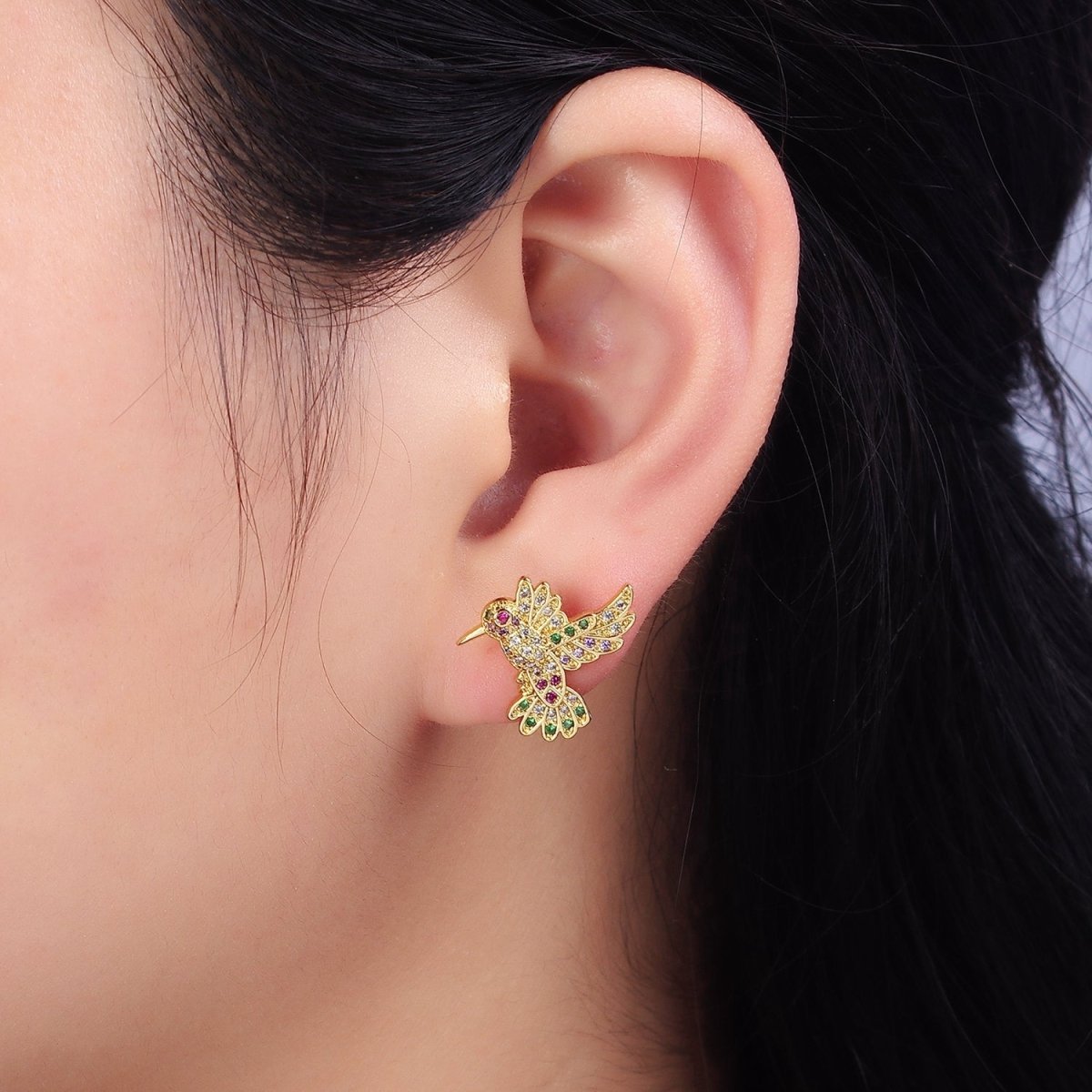 14K Gold plated Multicolor Micro Paved CZ Hummingbird Pet Earrings Set in Gold & Silver | AD-434 AD-435