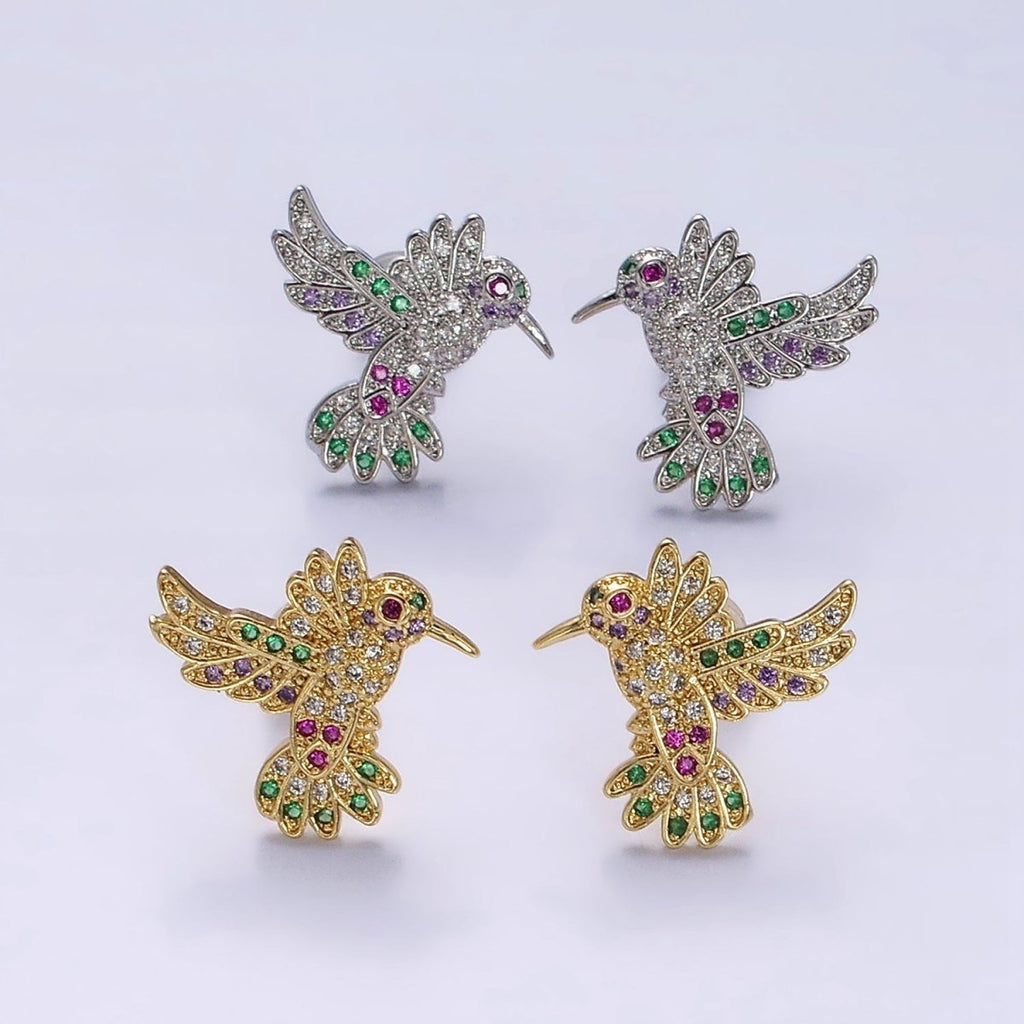 14K Gold plated Multicolor Micro Paved CZ Hummingbird Pet Earrings Set in Gold & Silver | AD-434 AD-435