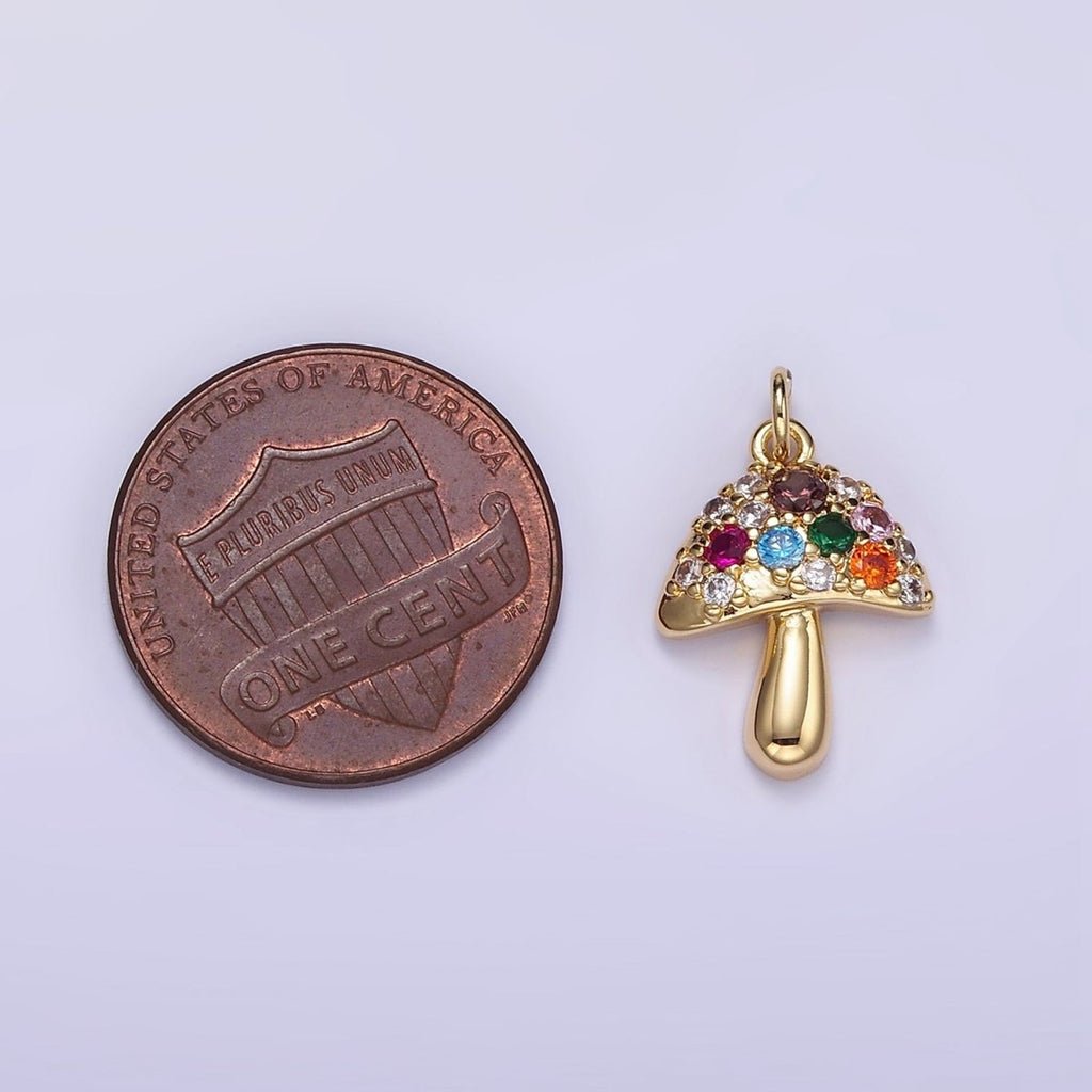 14K Gold plated Multicolor Micro Paved CZ Mushroom Charm | W776 - DLUXCA