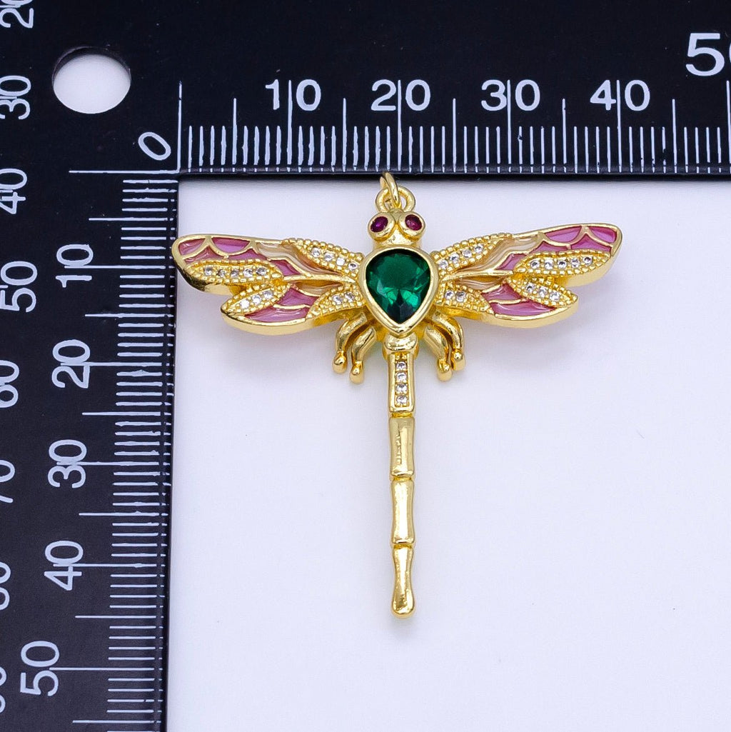 14K Gold plated Multicolor Micro Paved Dragonfly Insect Charm | E901 - DLUXCA