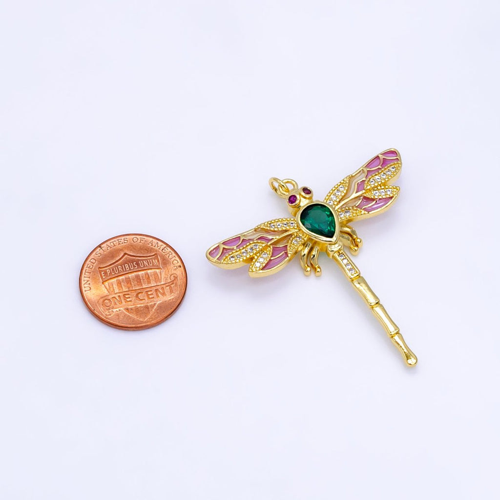 14K Gold plated Multicolor Micro Paved Dragonfly Insect Charm | E901 - DLUXCA