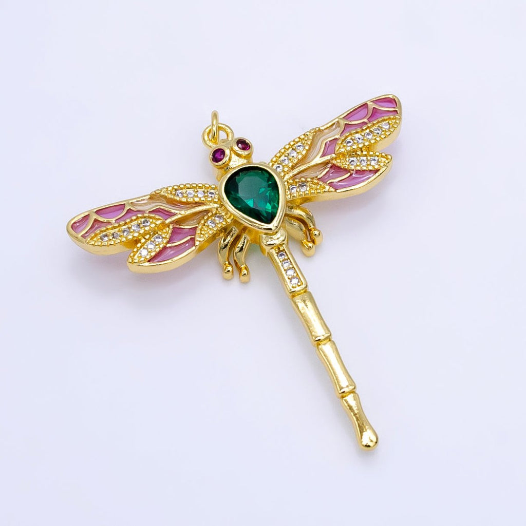 14K Gold plated Multicolor Micro Paved Dragonfly Insect Charm | E901 - DLUXCA