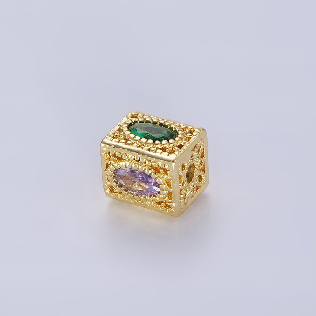 14K Gold plated Multicolor Oval CZ Flower Filigree Rectangular Bead | B883 - DLUXCA