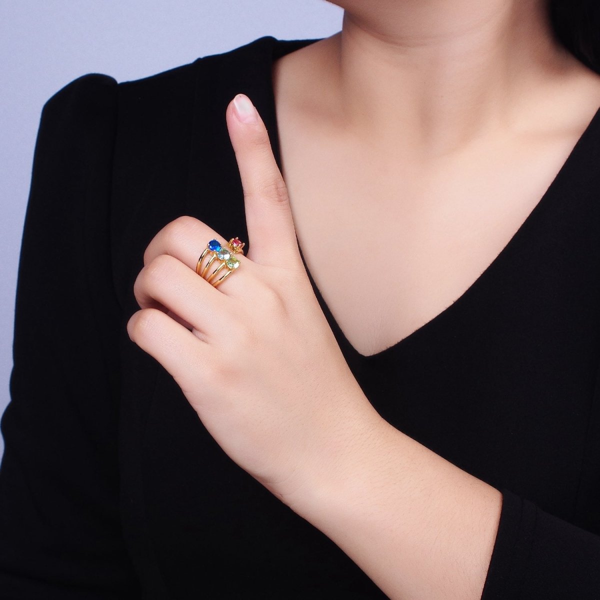 14K Gold plated Multicolor Round CZ Multiple Band Statement Ring in Gold & Silver | O-1952 O-1953