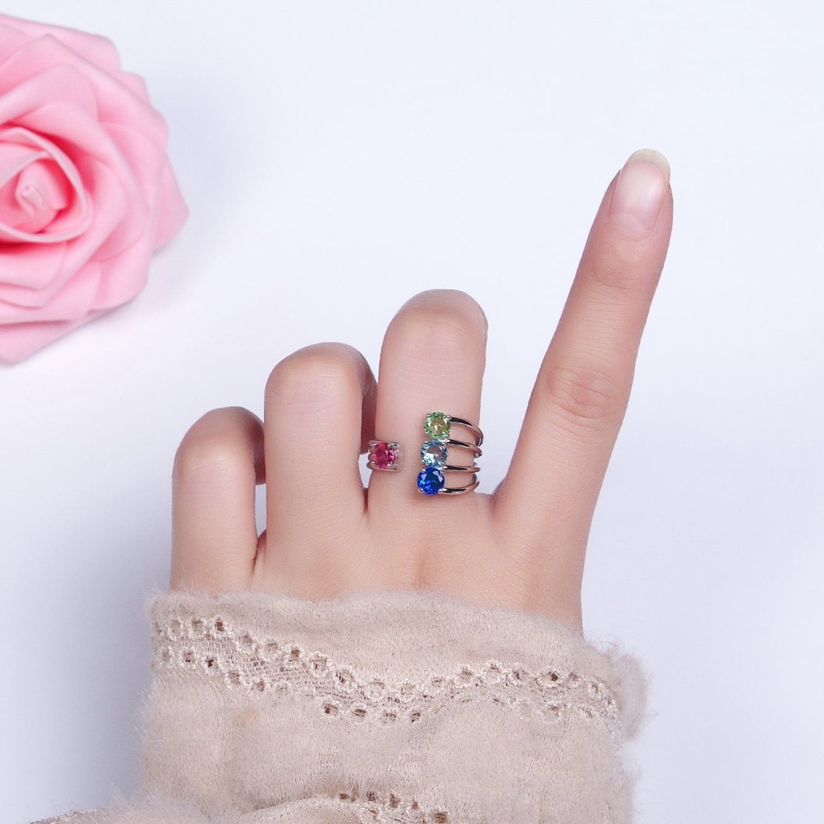 14K Gold plated Multicolor Round CZ Multiple Band Statement Ring in Gold & Silver | O-1952 O-1953