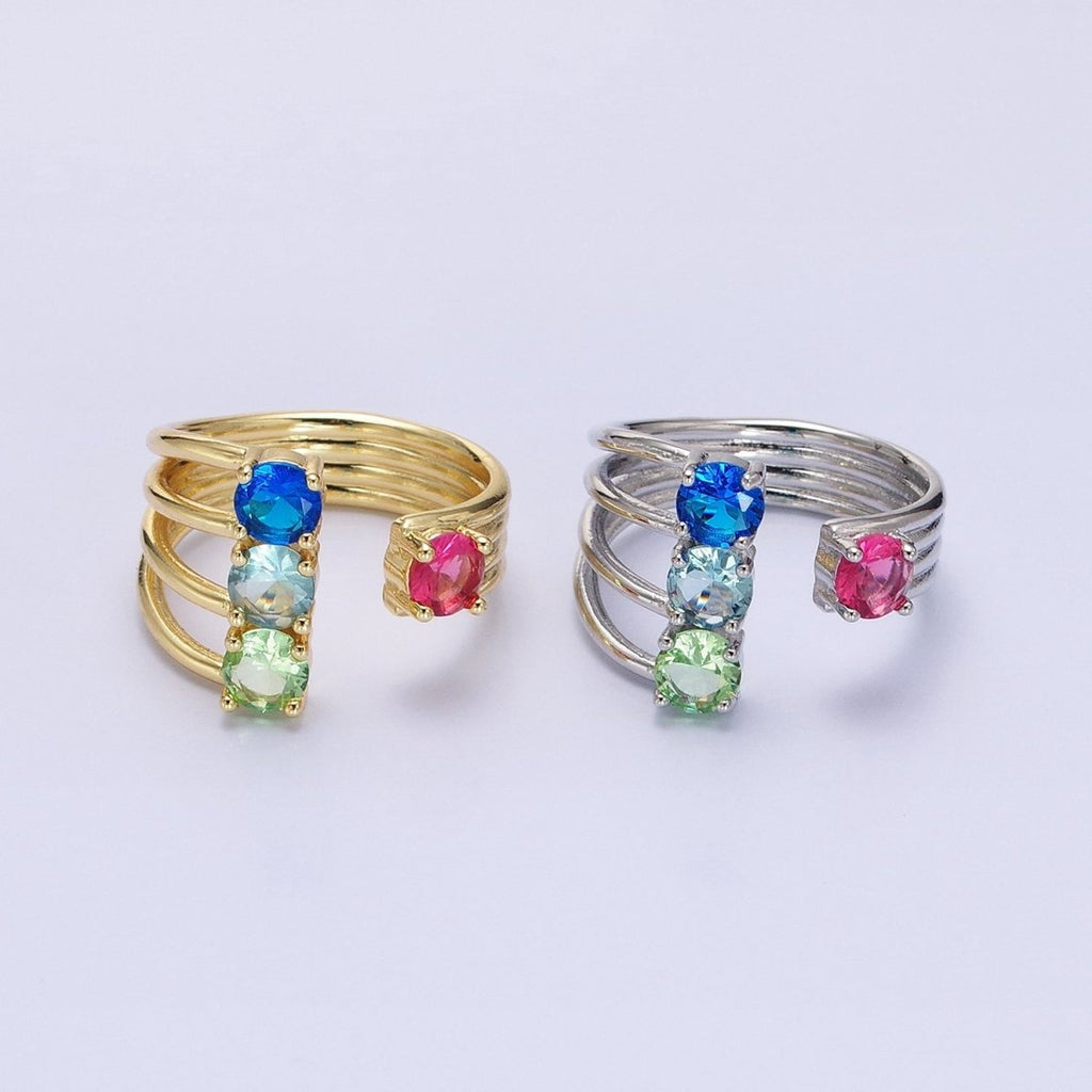 14K Gold plated Multicolor Round CZ Multiple Band Statement Ring in Gold & Silver | O-1952 O-1953