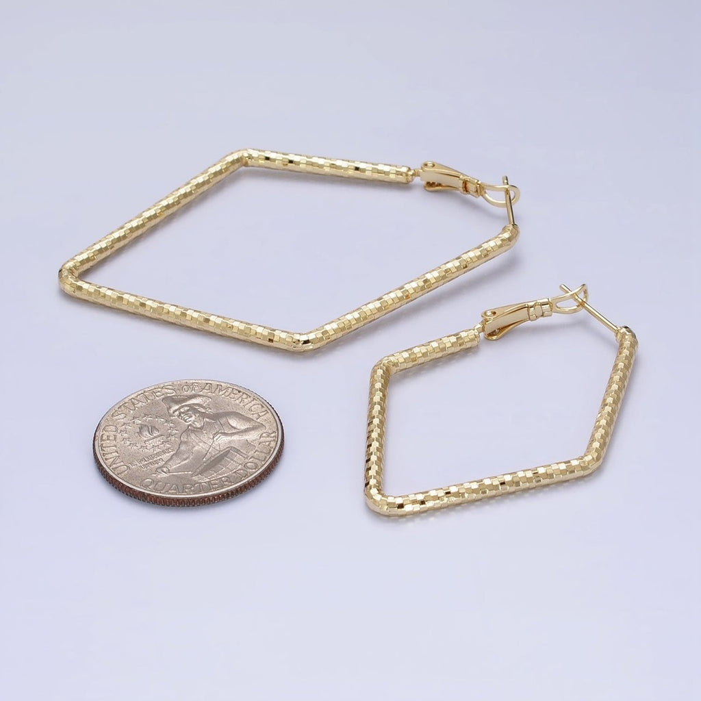 14K Gold plated Multifaceted Textured 45mm, 60mm Rhombus Hinge Hoop Earrings | AE063 AE064