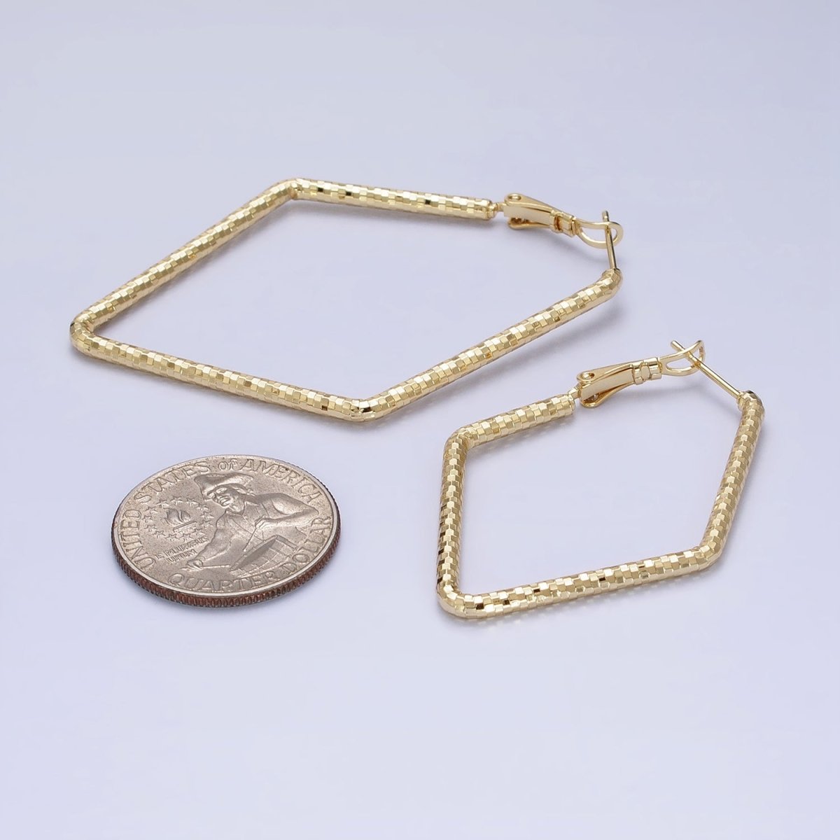 14K Gold plated Multifaceted Textured 45mm, 60mm Rhombus Hinge Hoop Earrings | AE063 AE064