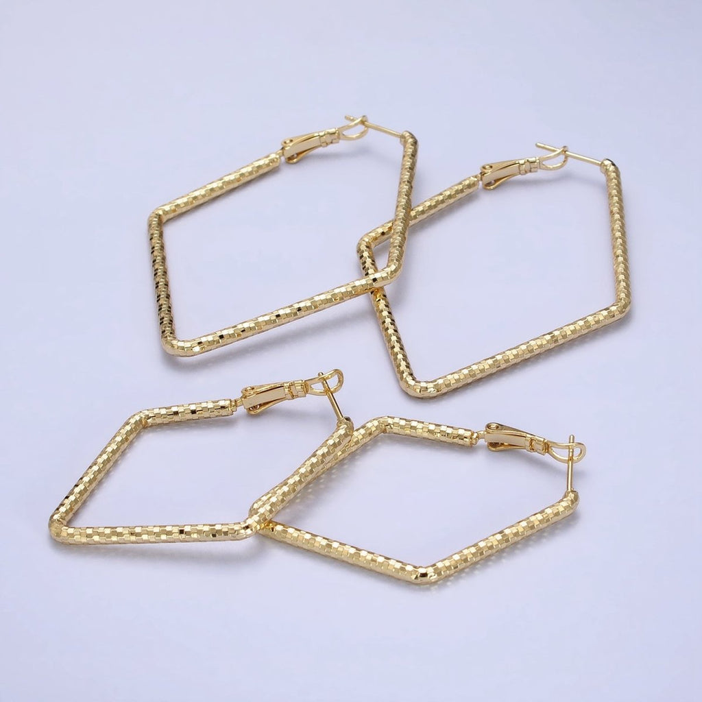 14K Gold plated Multifaceted Textured 45mm, 60mm Rhombus Hinge Hoop Earrings | AE063 AE064