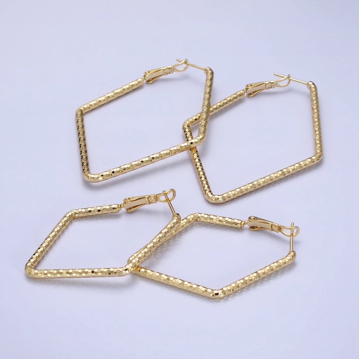 14K Gold plated Multifaceted Textured 45mm, 60mm Rhombus Hinge Hoop Earrings | AE063 AE064