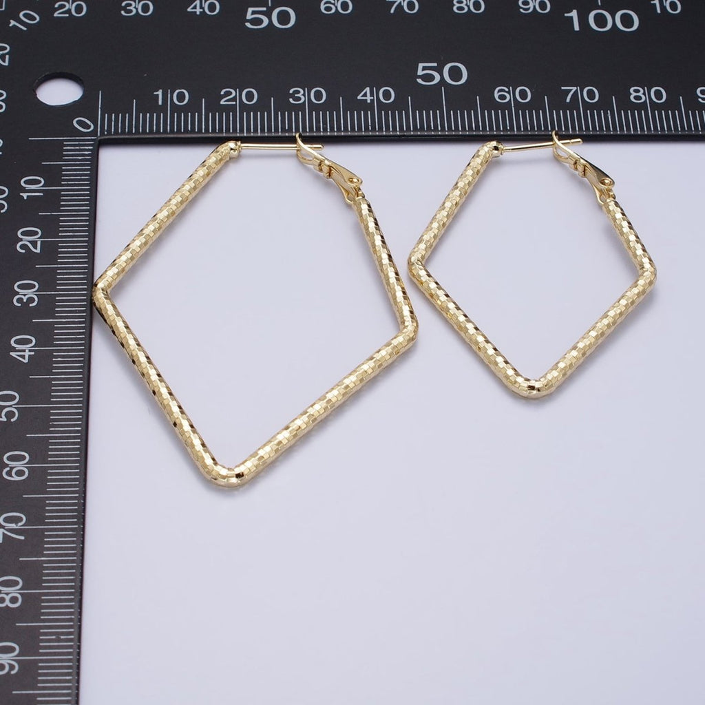 14K Gold plated Multifaceted Textured 45mm, 60mm Rhombus Hinge Hoop Earrings | AE063 AE064