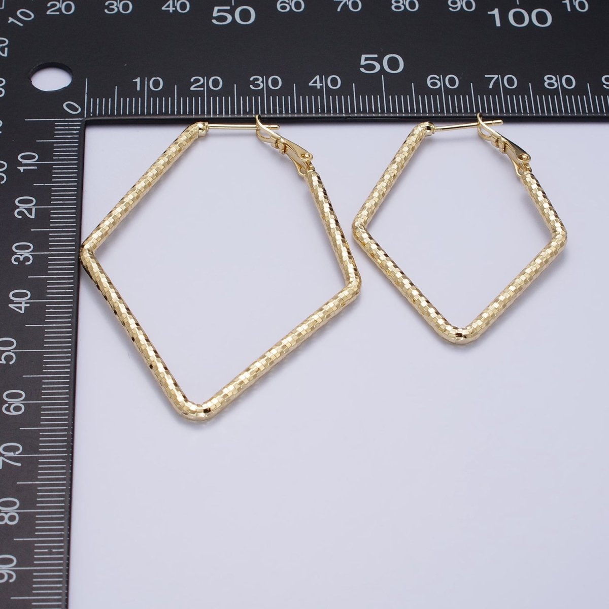 14K Gold plated Multifaceted Textured 45mm, 60mm Rhombus Hinge Hoop Earrings | AE063 AE064