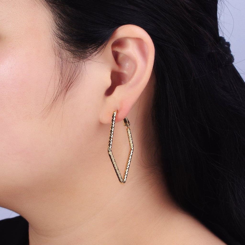 14K Gold plated Multifaceted Textured 45mm, 60mm Rhombus Hinge Hoop Earrings | AE063 AE064