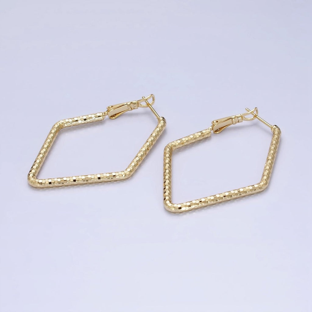 14K Gold plated Multifaceted Textured 45mm, 60mm Rhombus Hinge Hoop Earrings | AE063 AE064