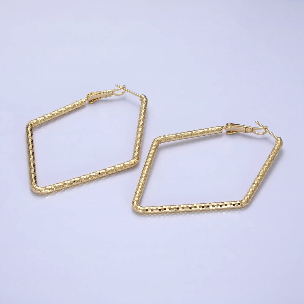 14K Gold plated Multifaceted Textured 45mm, 60mm Rhombus Hinge Hoop Earrings | AE063 AE064