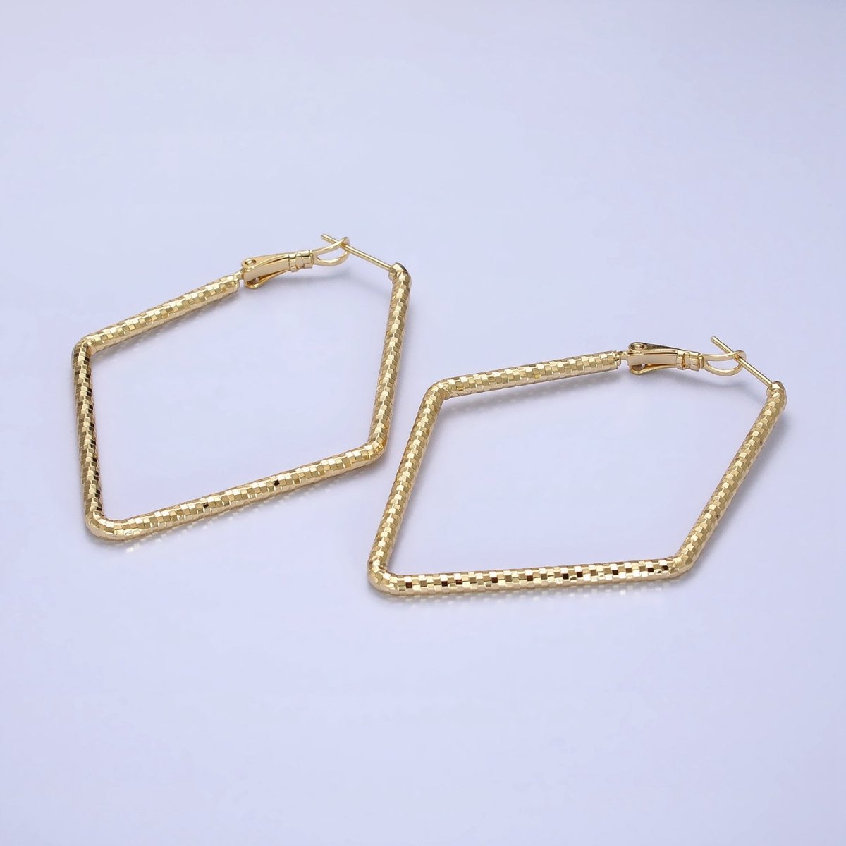 14K Gold plated Multifaceted Textured 45mm, 60mm Rhombus Hinge Hoop Earrings | AE063 AE064
