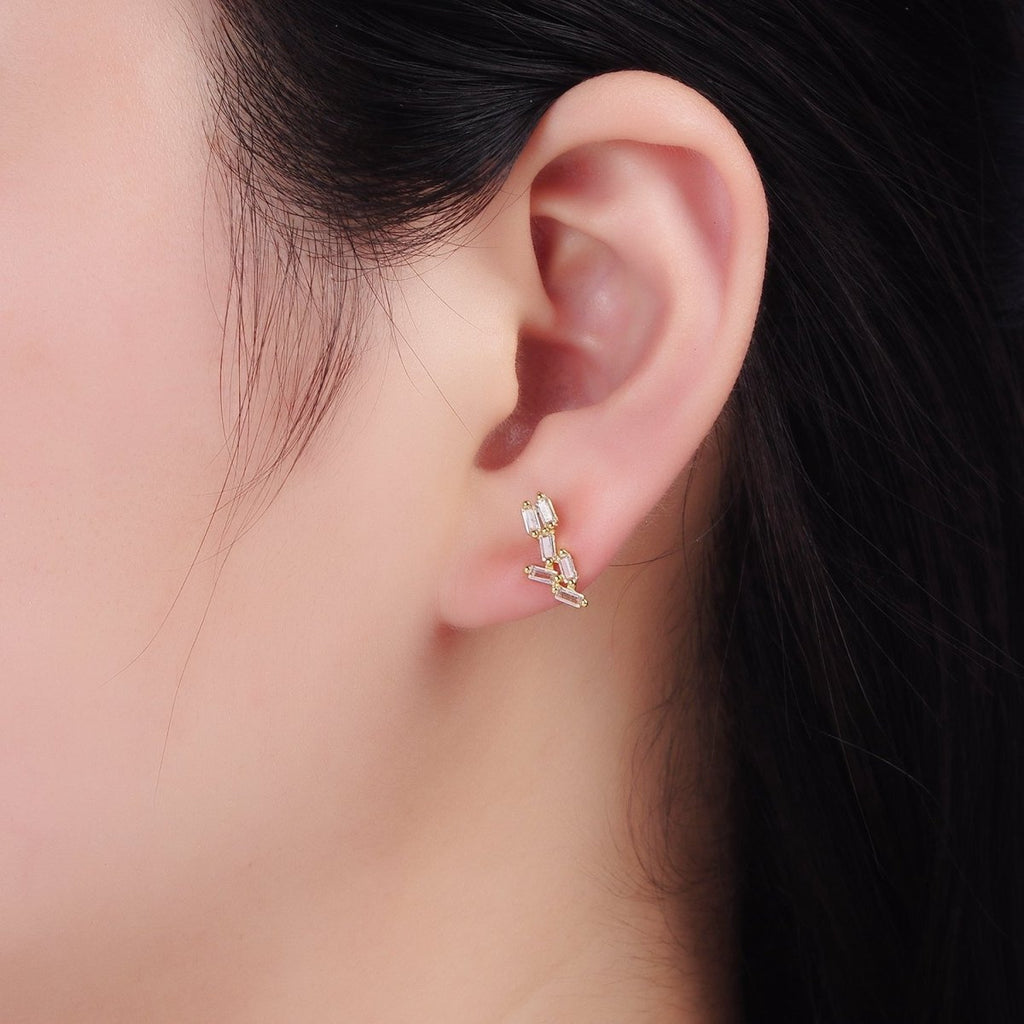 14K Gold plated Multiple Baguette CZ Stud Earrings | P527 - DLUXCA