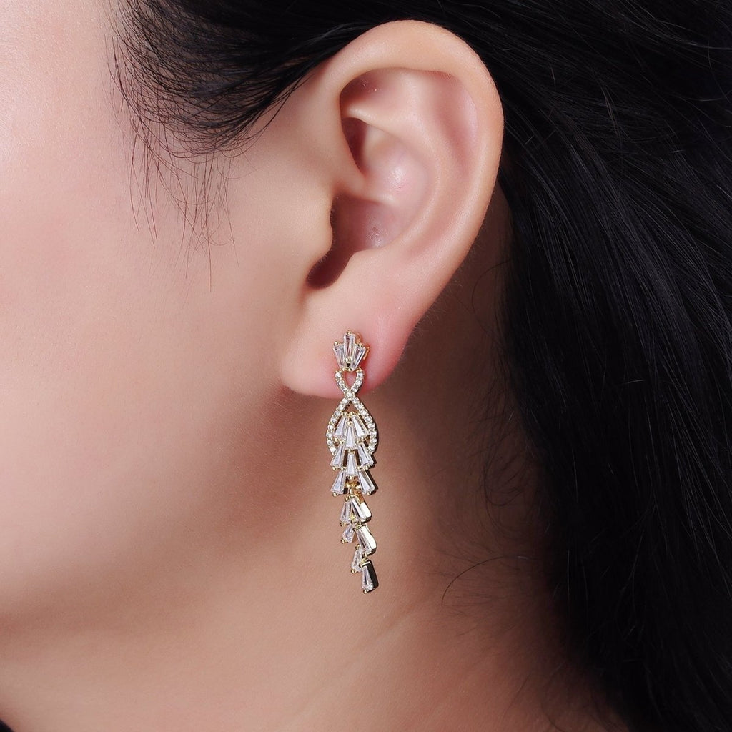 14K Gold plated Multiple Baguette Micro Paved CZ Drop Stud Earrings in Gold & Silver | AE305