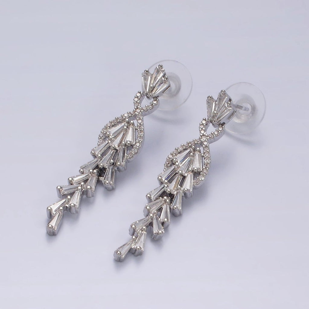 14K Gold plated Multiple Baguette Micro Paved CZ Drop Stud Earrings in Gold & Silver | AE305