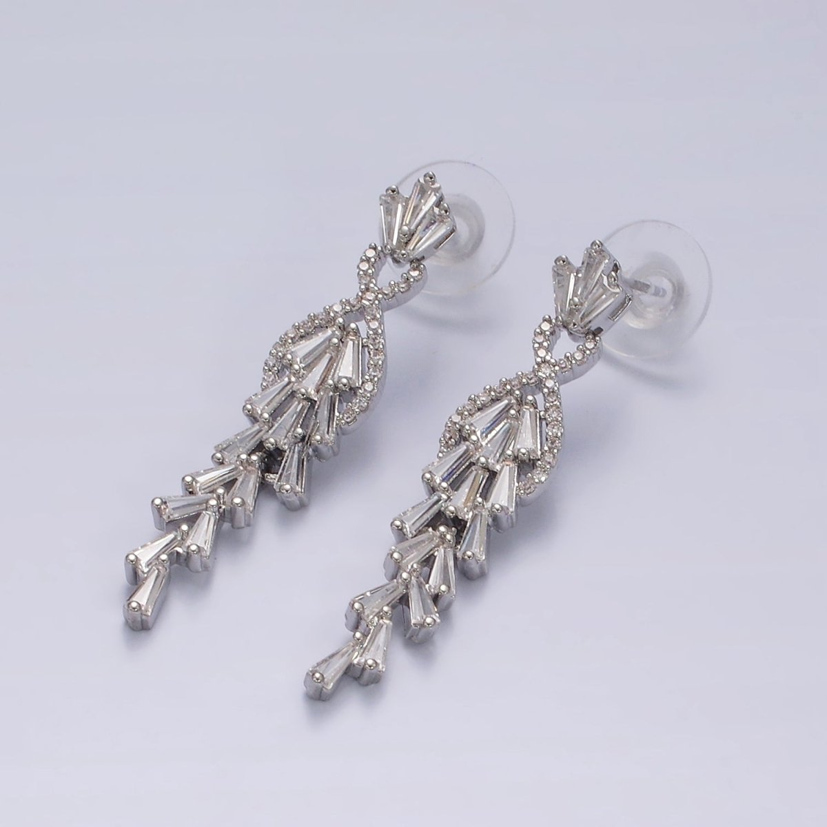 14K Gold plated Multiple Baguette Micro Paved CZ Drop Stud Earrings in Gold & Silver | AE305