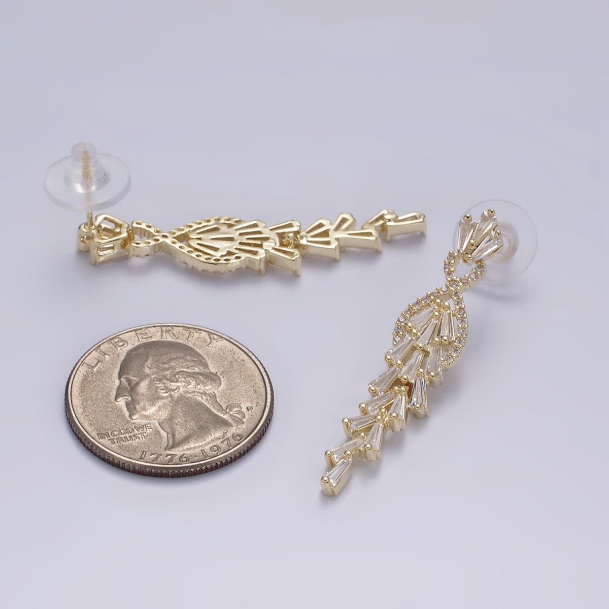 14K Gold plated Multiple Baguette Micro Paved CZ Drop Stud Earrings in Gold & Silver | AE305