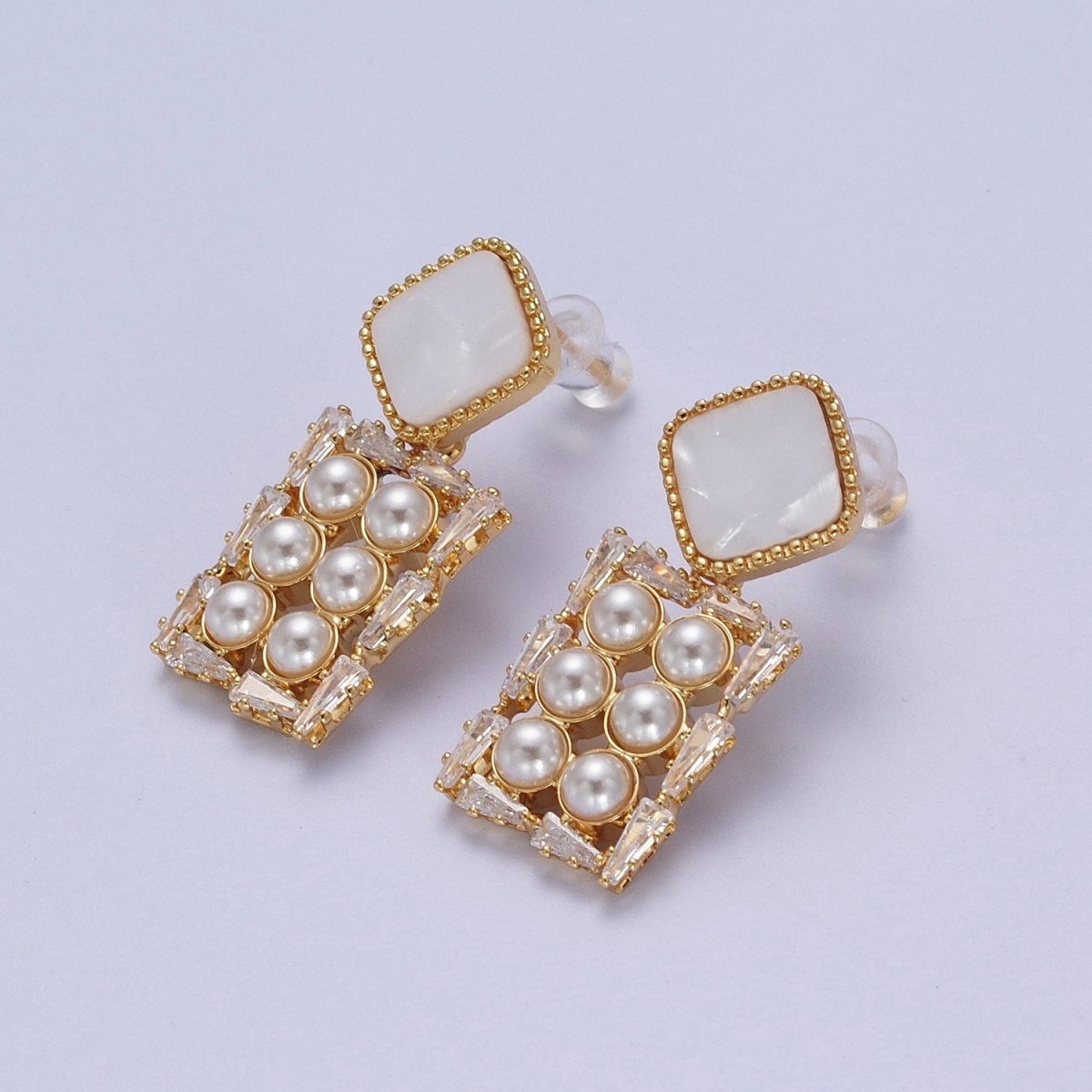 14K Gold plated Multiple Pearl Baguette Rectangular Shell Pearl Rhombus Drop Stud Earrings | AE1032 - DLUXCA