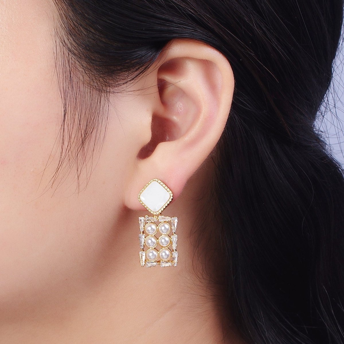 14K Gold plated Multiple Pearl Baguette Rectangular Shell Pearl Rhombus Drop Stud Earrings | AE1032 - DLUXCA