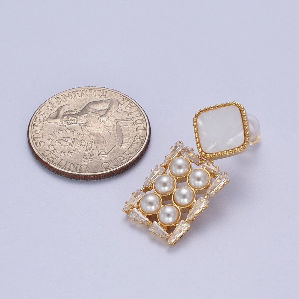 14K Gold plated Multiple Pearl Baguette Rectangular Shell Pearl Rhombus Drop Stud Earrings | AE1032 - DLUXCA