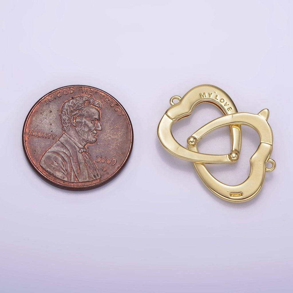14K Gold plated "MY LOVE" Engraved Double Heart Connector | G-079 - DLUXCA