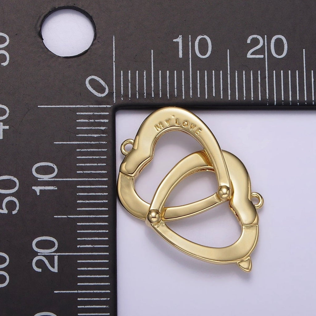 14K Gold plated "MY LOVE" Engraved Double Heart Connector | G-079 - DLUXCA