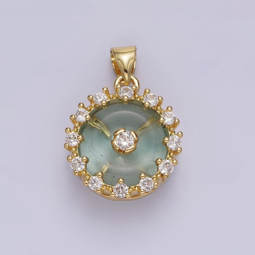 14K Gold plated Natural Gemstone Fluorite Donut Clear CZ Round Outline Pendant | AA606 - DLUXCA