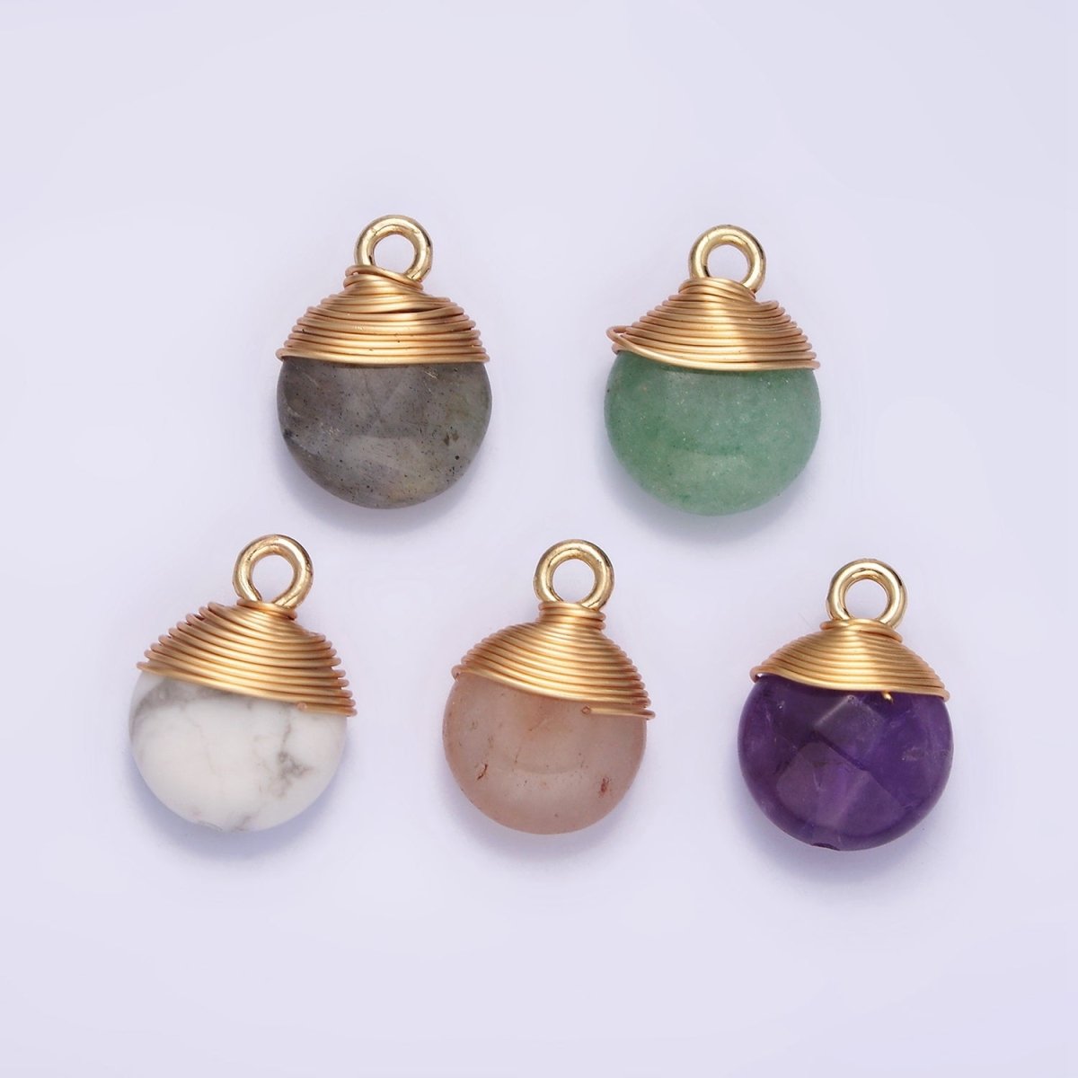 14K Gold plated Natural Gemstone Round Multifaceted Wire Wrapped Charm | N1718 - N1722