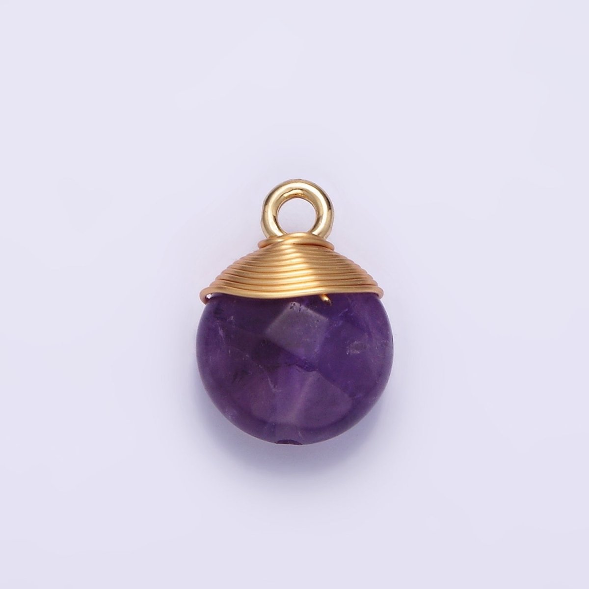 14K Gold plated Natural Gemstone Round Multifaceted Wire Wrapped Charm | N1718 - N1722