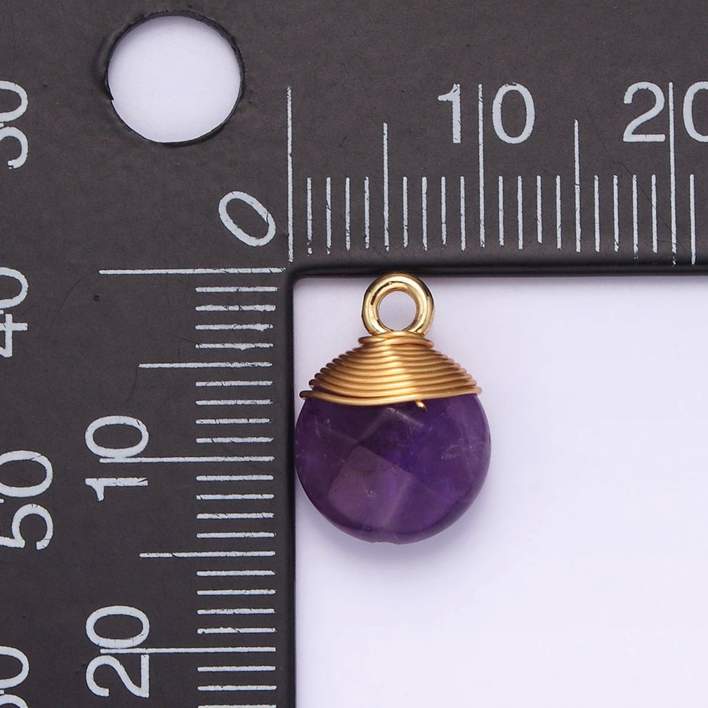 14K Gold plated Natural Gemstone Round Multifaceted Wire Wrapped Charm | N1718 - N1722