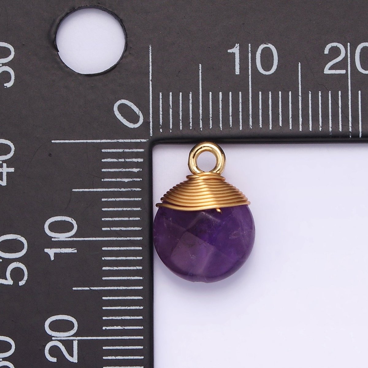14K Gold plated Natural Gemstone Round Multifaceted Wire Wrapped Charm | N1718 - N1722