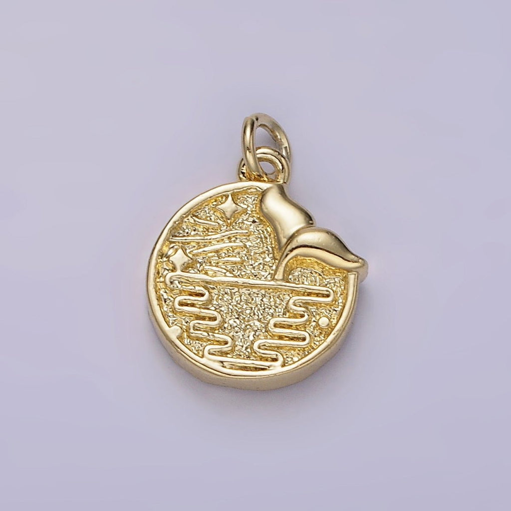 14K Gold plated Night Star Mermaid Ocean Animal Tail Hammered Round Charm | AC904 - DLUXCA
