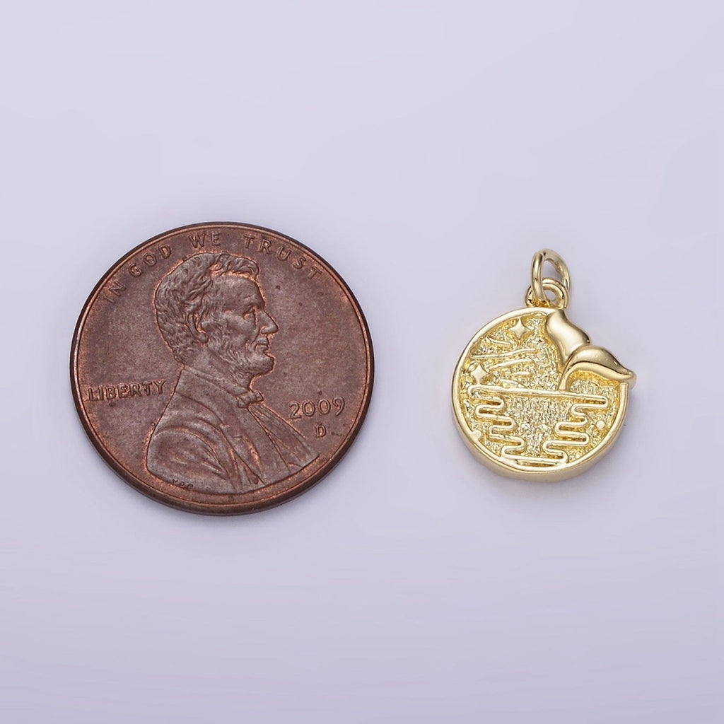 14K Gold plated Night Star Mermaid Ocean Animal Tail Hammered Round Charm | AC904 - DLUXCA