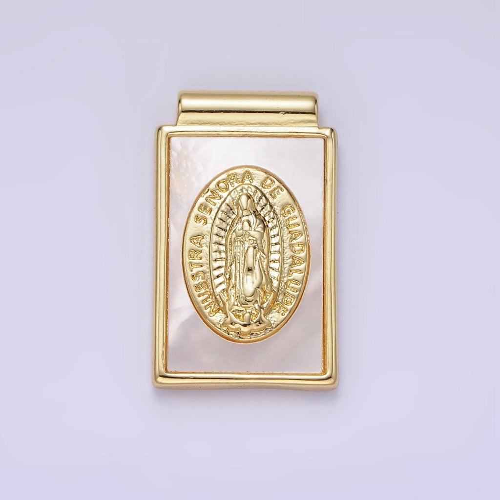 14K Gold plated Nuestra Señora de Guadalupe Shell Pearl Rectangle Pendant | AH157 - DLUXCA