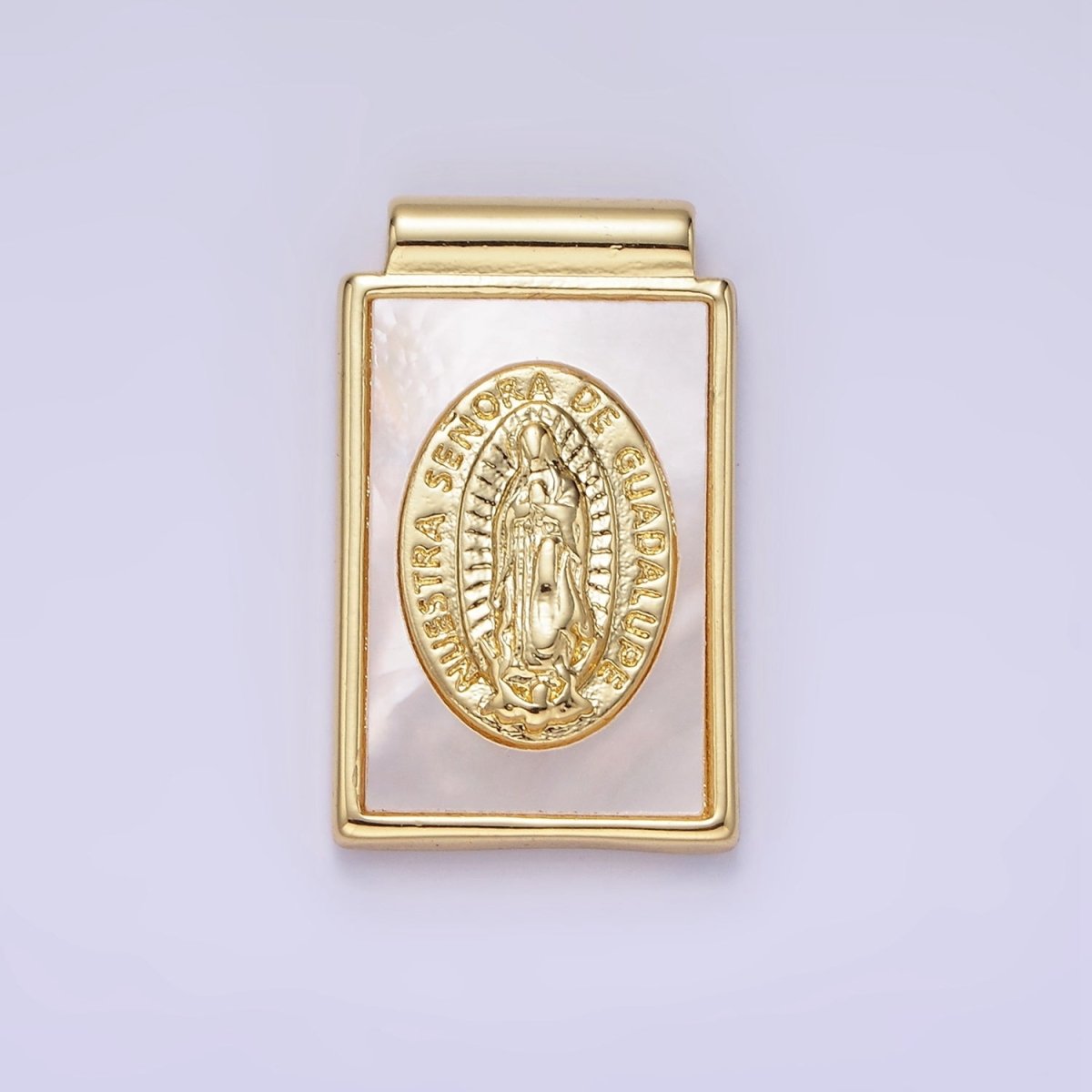 14K Gold plated Nuestra Señora de Guadalupe Shell Pearl Rectangle Pendant | AH157 - DLUXCA
