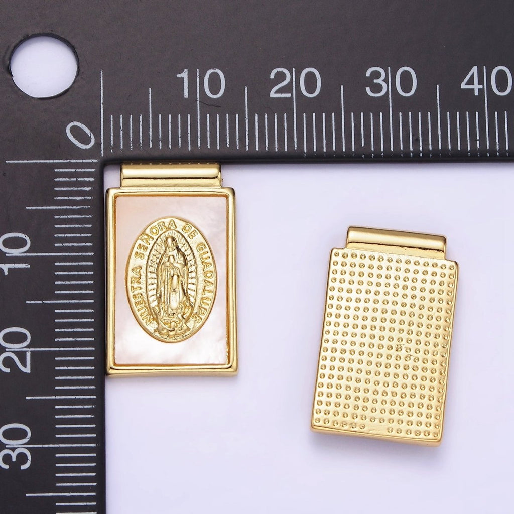 14K Gold plated Nuestra Señora de Guadalupe Shell Pearl Rectangle Pendant | AH157 - DLUXCA