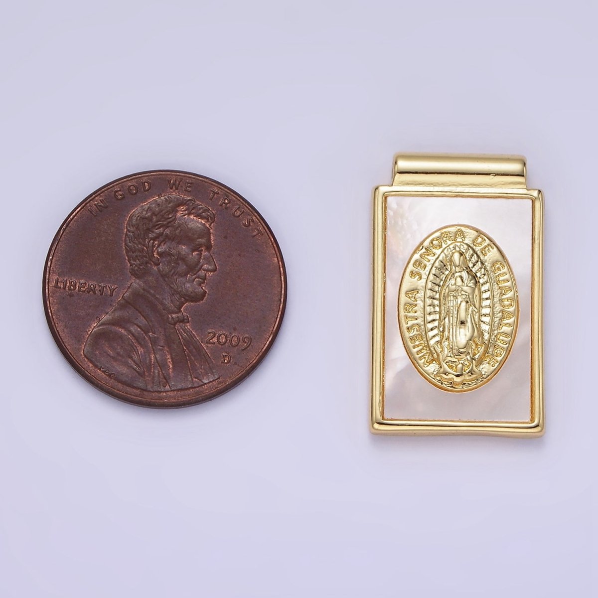 14K Gold plated Nuestra Señora de Guadalupe Shell Pearl Rectangle Pendant | AH157 - DLUXCA