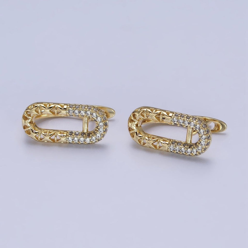 14K Gold plated Oblong Half Filigree Micro Paved CZ English Lock Earrings | AB321 - DLUXCA