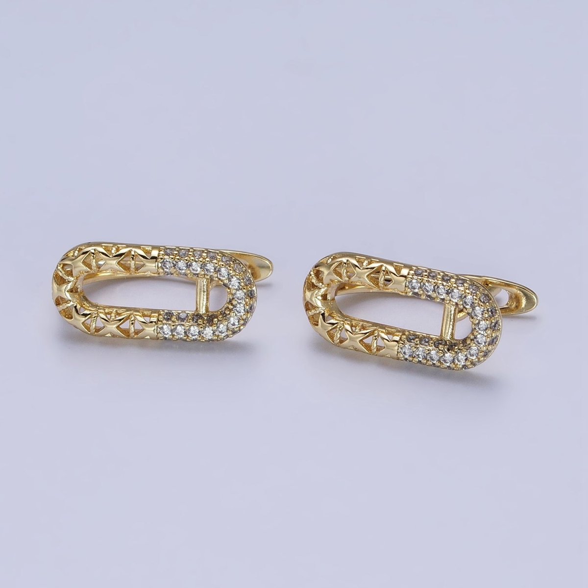 14K Gold plated Oblong Half Filigree Micro Paved CZ English Lock Earrings | AB321 - DLUXCA