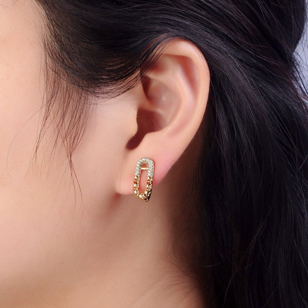 14K Gold plated Oblong Half Filigree Micro Paved CZ English Lock Earrings | AB321 - DLUXCA