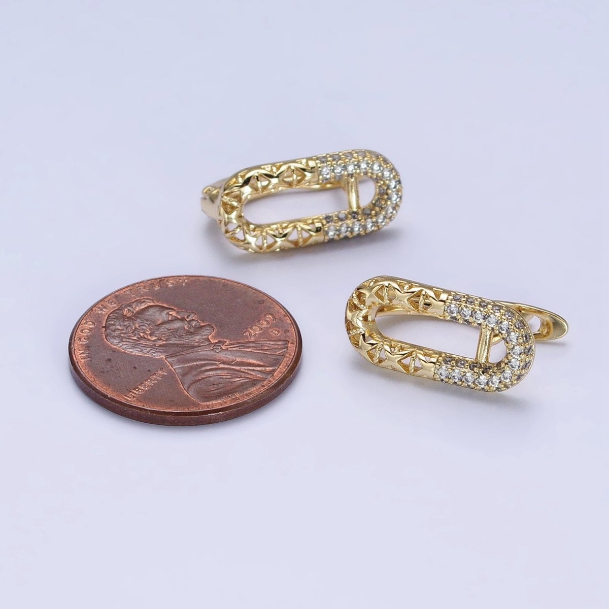 14K Gold plated Oblong Half Filigree Micro Paved CZ English Lock Earrings | AB321 - DLUXCA