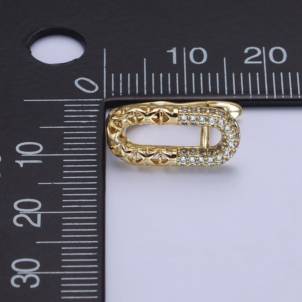 14K Gold plated Oblong Half Filigree Micro Paved CZ English Lock Earrings | AB321 - DLUXCA