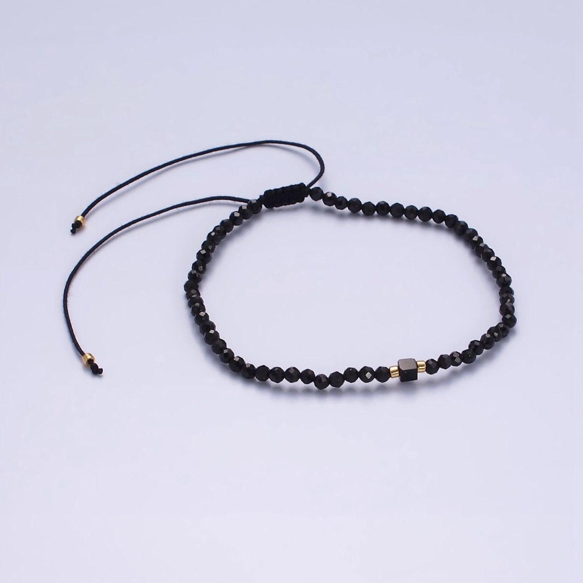 14K Gold plated Black Onyx Multifaceted Rope Adjustable Friendship Bracelet | WA-02165 ~ WA-02167