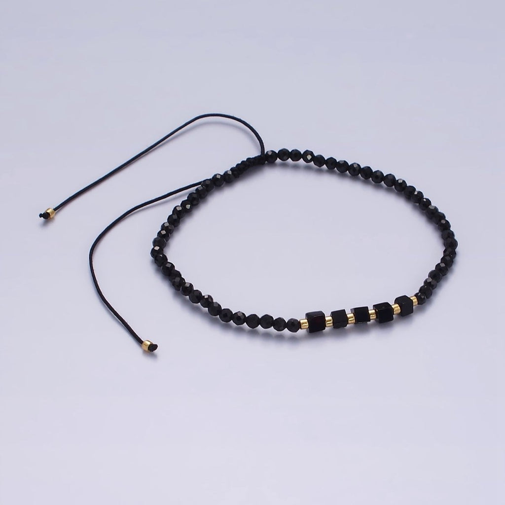 14K Gold plated Black Onyx Multifaceted Rope Adjustable Friendship Bracelet | WA-02165 ~ WA-02167