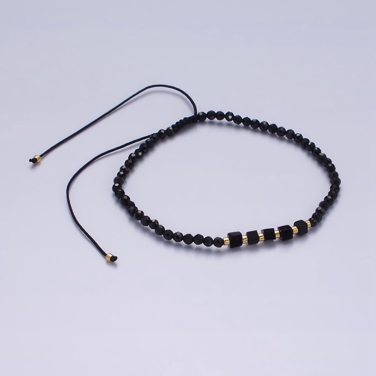 14K Gold plated Black Onyx Multifaceted Rope Adjustable Friendship Bracelet | WA-02165 ~ WA-02167